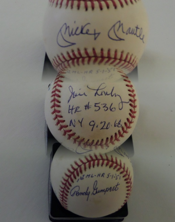 This AWESOME collector's ball certainly bookends the Mantle career story!  It is an Official American League ball, signed on the sweet spot by Mantle, and also on the top panel by Jim Lonborg--with HR #536 and NY 9.20.68 inscriptions--and Randy Gumpert on the bottom panel--with a 1st ML HR 5-1-51 inscription.  Obviously, these are the pitchers that gave up the Mick's first and last home runs, and this historic baseball is valued into the low thousands!