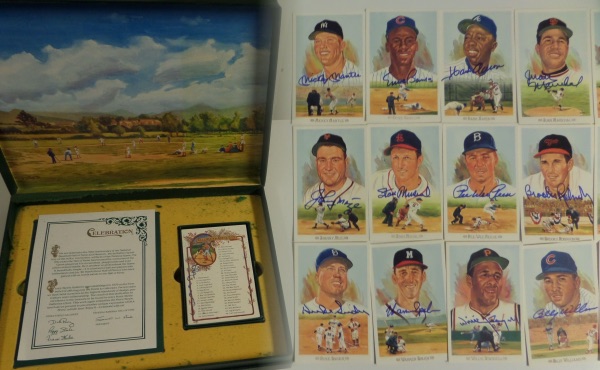 This complete set of 1989 Perez Steele postcards are still NM/MT in their beautiful original presentation box.  Included are FORTY-ONE cards that are hand signed by the HOF'ers represented, with marquee names like Aaron, Mantle, Marichal, Banks, Berra, Musial, Bench, Yaz, Brooks, Spahn, Gehringer, Bell, Hunter, Leonard, McCovey, Stargell, and more.  AWESOME HOF lot here, with almost all now deceased, and retail potential is staggering!