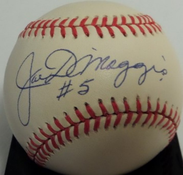 This Official American League Baseball is in EX condition, and comes hand-signed across the sweet spot by Yankees icon and all time great, Joe DiMaggio.  This is a gorgeous example, grading a legible 8.5, with #5 added, and the book value here is $600.00.  A super cool conversation piece and a MUST for any Yankees collection!
