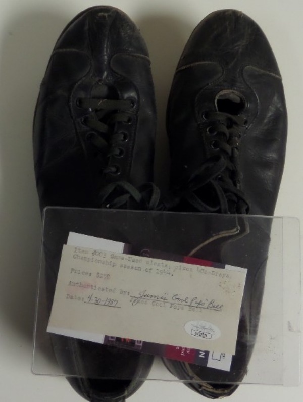 This impossible item is a 1944 season used pair of black pro leather spikes from the late Negro League HOF Great. They show a ton of usage, all from his Grays 1944 Championship season, and still have the laces intact. A hand signed note, complete with JSA COA and hologram are here for proof. and value of this historic Negro League item is ???