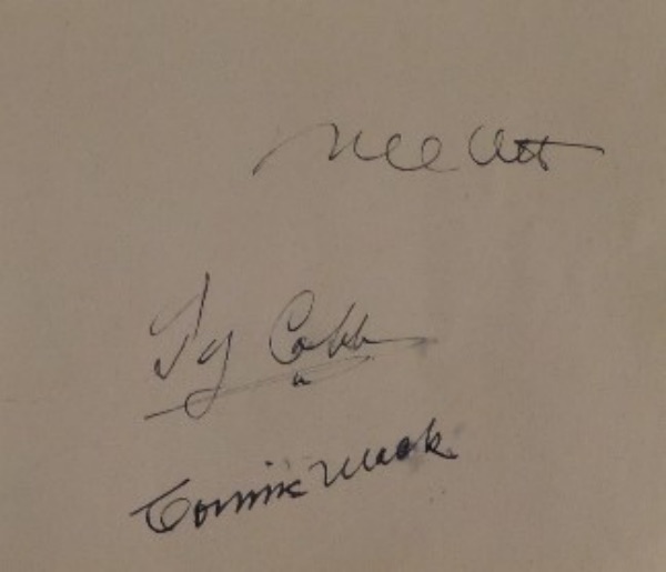 This pale pink-colored 4.5x5.25 piece of paper has rounded edges on the right, suggesting that it came from a vintage collector's book.  This one is in EX+ shape, and comes hand-signed in black by a trio of diamond legends, including Connie Mack, Ty Cobb and Mel Ott.  Signatures grade 6.5-7's each, and with all three men gone 60+ years, retail is low thousands!