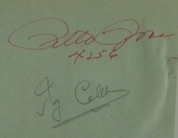 This amazing and historic collector's item is a blue/green autograph album page cut, measuring just short of 3.5x4.25, and in EX condition.  It is pencil-signed by the great Ty Cobb, and red ink-signed by the man who broke his unbreakable record, Pete Rose.  A fabulous item, and absolutely PERFECT for matting and framing with the photo(s) of your choice.  Valued into the low thousands!