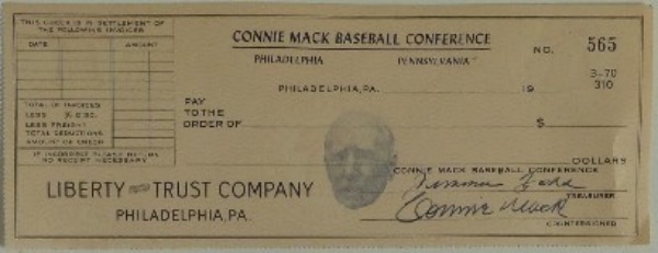 This Connie Mack Baseball Conference, Philadelphia Pennsylvania full check from the Liberty Trust Company is in NM condition, and is signed in blue at the bottom by both Connie Mack and Ty Cobb.  With both men now gone 60+ years, retail is well into the thousands!