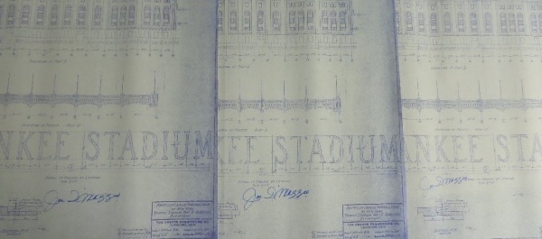 These amazing copies are a  full 2x3 FEET in size, show the original 1929 construction of the beloved Bronx Stadium from all angles, and come hand signed by THE Joe DiMaggio in clean bold blue sharpie. They grade a 15 on a 1-10 scale, show off easily from a football field away, and value at sell out was $399.00 EACH in 1996. What are they worth now?  