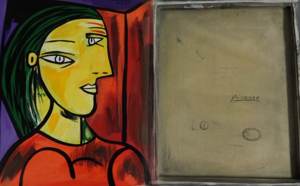 This piece measures 16"x20" after framing the canvas on wood.  It is an original oil on canvas and done in bolder & bright colors mainly!  Last name signed at the top right in black from 1962 and typical Picasso imagery of a surreal woman from this long-deceased master.  The reverse contains numerous Gallery stamps and markings including the Picasso museum and retails well into the 6 figures.  Wow.