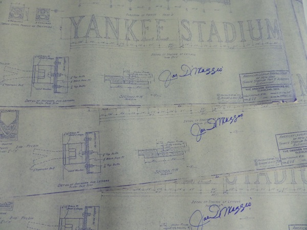 These huge 2x3 foot works are copies of the original, dated from the 1929 construction of the beloved Bronx Stadium, and come IN PERSON, hand signed by Joe DiMaggio. These things grades a clean bold 10 all over, show off well from a football field away, and sell out in 1990 was $399.00 when he was still alive. Whats the value now? 