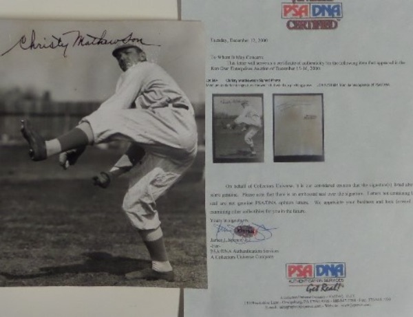 This vintage 100+ year old B&W image is nearly 8x10 in size, shows the long deceased HOF pitcher doing just that, and comes black ink signed across the top. Grade is a superb 9 on the signature, a lifetime vintage PSA/DNA 8x10 full LOA accompanies, and value is mid thousands on this Jimmy Spence signed LOA for PSA.