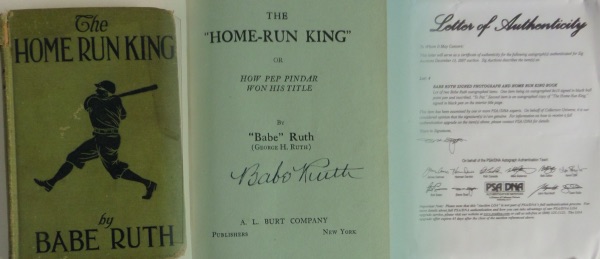 This original 1st edition book (no dust jacket) comes signed on the interior title page by the Babe in vintage black ink.  Great autograph and comes with a PSA/DNA COA from SIG Auctions from 2007 as a group lot that had originally included a signed ball as well.  Retails well into the thousands and ideal for display