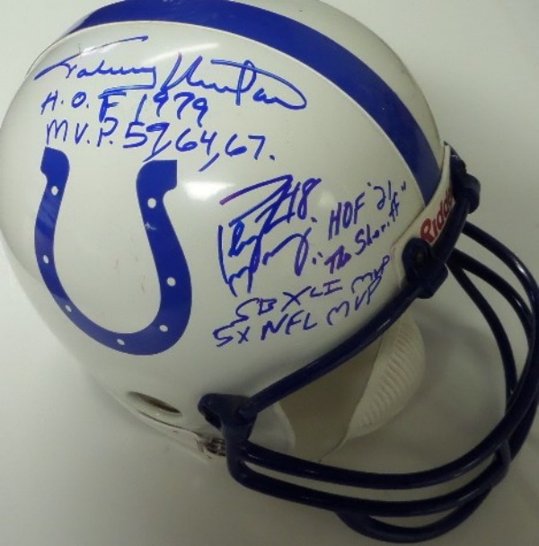 This full size Colts replica football helmet from Riddell is still in NM/MT condition, and comes hand-signed in blue sharpie by the two most celebrated QB's in team history.  Included are Johnny Unitas, with HOF 1979, #19, and MVP 59,64,67 inscriptions, and Peyton Manning, with #18,. HOF21, "The Sheriff", SB XLI MVP and 5X NFL MVP inscriptions.  Grades as clean and bold as it gets, and retail is low thousands on this Colts MUST!