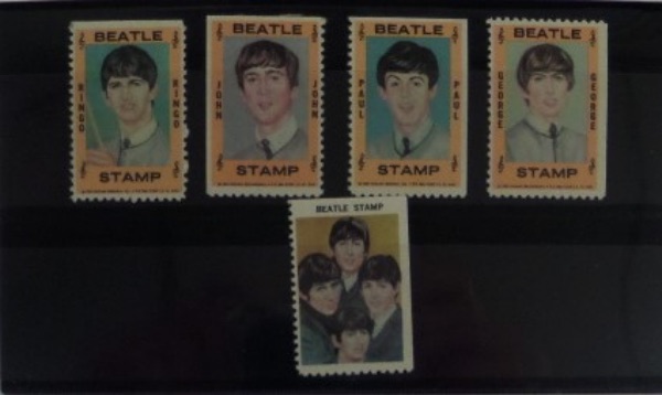 THIS RARE lot from the HALLMARK company in 1964 is the COMPLETE stamp set of the BEATLES, with one stamp each of the 4 members and the Group stamp. This was the set that was limited in quantity and IN DEMAND even back in 1964, and this one is in truly NM condition, and a MUST for the Beatle collectors.