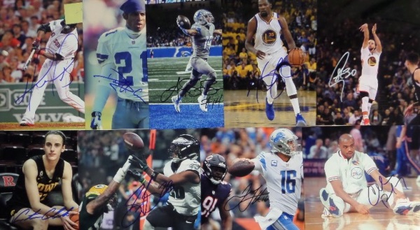 This wonderful bulk lot is ideal for dealers, and includes TWENTY-FOUR 8x10 photos, each hand-signed by the athlete shown.  Included are HOF and superstar names like David Ortiz, Steph Curry, Caitlin Clark, Saquon Barkley, Jared Goff, Jaden Daniels, Deion Sanders, Charles Barkley, Kevin Durant, Paul Pierce, and more, and total retail potential here is into the low thousands!