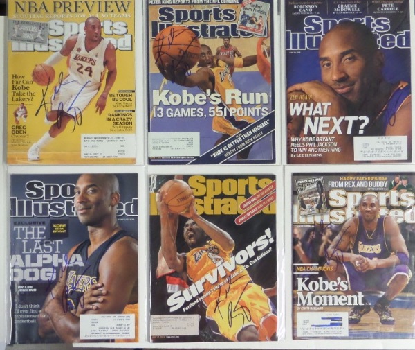 This amazing and high value group lot is SIX different Sports Illustrated full magazines with Kobe Bryant covers, each in EX/MT or better shape, and each from 2000-2013.  Each is hand-signed in blue sharpie by the Black Mamba himself, the one and only Kobe Bryant, and each will frame and display beautifully for any basketball collection.  The retail potential of but one of these magazines is mid hundreds, so get in on this RARE opportunity while you can!