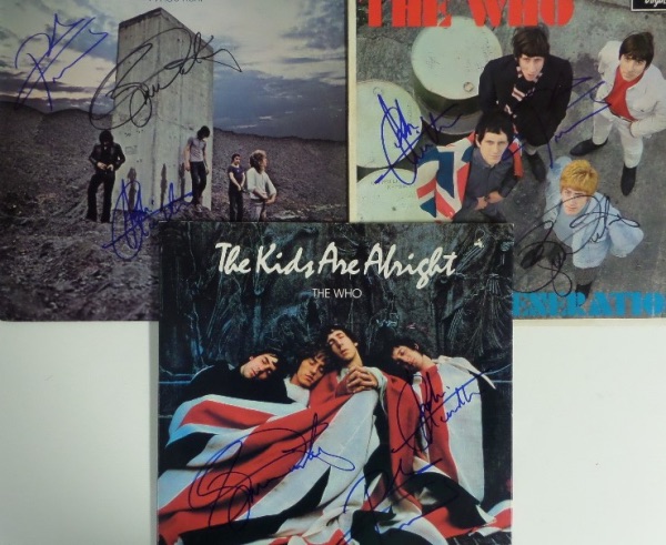 This MUST HAVE British Invasion lot is THREE different LP album covers of famed 1960's-70's Who albums, and each is hand-signed by three members.  Included are "My Generation," "The Kids Are Alright," and "Who's Next," and each is hand-signed in black or blue sharpie by the trio of John Entwistle (dec), Pete Townshend and Roger Daltrey.  Just one of these can easily retail in the mid/high hundred range, so get in on three, and make some real money here!