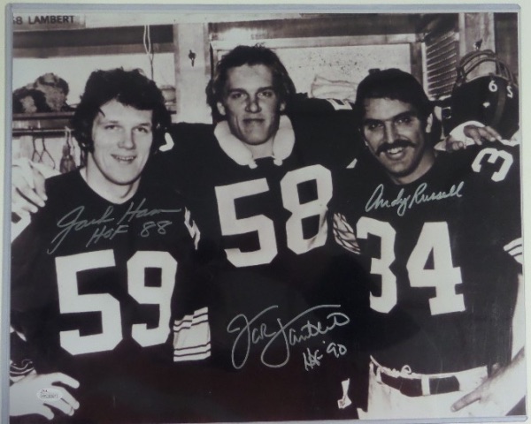 This black and white HUGE 16x20 photo shows the linebacking corps of the vaunted 1970's Steelers, and comes hand-signed by all three!  Included are Jack Lambert, Andy Russell and Jack Ham, all in silver, and the photo is fully JSA certified (WP130367) for authenticity purposes.  A perfect size for framing and display, and an absolute MUST for Steelers faithful!