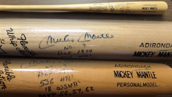 This McGlaughlin Millard Inc. Adirondack 302 baseball bat is in NM condition, and comes hand-signed right on the barrel in blue felt tip marker by the 3 time AL MVP and all time great himself.  The signature grades a legible 7, complete with No. 7, HOF 1974, 536 HR's, 18 WS HR and MVP 56,57,62 inscriptions to boot!  AWESOME Mick and Yanks item, and retail is low thousands, with a low, low, LOW minimum bid evident!