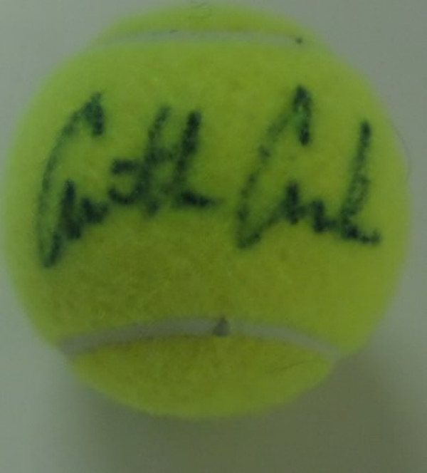 This yellow Wilson tennis ball is still in EX/MT shape overall, and comes hand-signed in blue sharpie by the tennis legend himself, the signature grading a legible 8 overall, at least.  With his tragic death now over 30 years ago, retail is high hundreds on this RARITY!