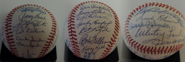 This Official American League Baseball (Brown, Pres) from Rawlings is still in EX/EX+ shape, and comes hand-signed all over in blue ink by 26 all time greats of the game.  Included are Ted Williams and Willie Mays--both on the sweet spot--and legendary names like Aaron, Reese, Williams, Morgan, Berra, Drysdale, Killebrew, Gibson, Koufax, Yaz, Feller, Kell, Marichal, Ford, B. Robinson, F. Robinson, Mathews, Jenkins, Bench, Hunter, Kaline, Newhouser, Snider and Spahn!  With only FOUR of these men still breathing, retail is WELL into the thousands on this one time GEM!!!