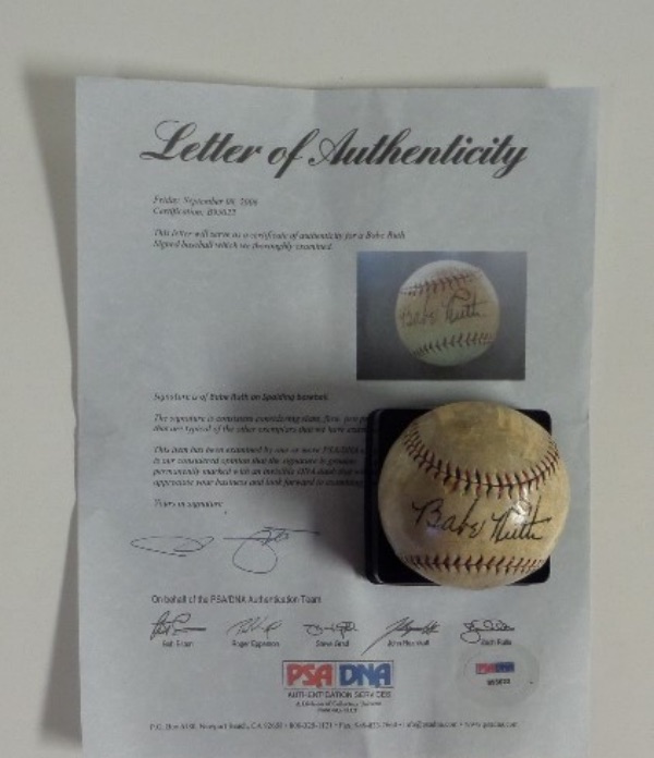 This vintage ball has red and black lacing, is an official Spalding ball from the National League, and comes black ink, sweet spot signed by the "Sultan of Swat". It has a very light coat of shellack on it, shows some handling as well, but overall, this cream colored ball is a beauty, has the full PSA/DNA 8x10 LOA with it and is valued at $15,000 we estimate. Easy buy and hold Cooperstown investment, and just look at the opening bid pricing. 