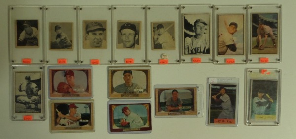 This AWWESOME lot includes 16 Bowman baseball cards from 1948 thru 1955 with STARS and ROOKIES included and value of $600+ and MANY in HIGH GRADE. THere are 5--1948B with Dutch Leonard ROOKIE #24EX+/EX++, Verban #28 ROOKIE NM, Galan #39 EX-MT, Wyrostek #44 Rookie EX-MT, Hank Sauer #45 ROOKIE NM.  4--1954 Bowman W/Bob Lemon #27 NM, Pesky #134 EX+/EX-MT, Runnels #139 EX-MT, Wilber #24 NM.  2--1954B and 5--1955 Bowman w/Schoendienst, Hamner, Ennis, Dark rounding out this Super HIGH VALUE lot.