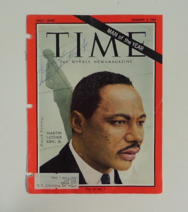 This full cover is from an original January 3, 1964 issue of TIME magazine, and is in VG+ shape, with a color image of Martin Luther King Jr.  It is hand-signed in blue ink by the Civil Rights leader himself, grading a legible 8, with Best Wishes added in his hand.  This piece was mail-acquired by longtime collector Jack Hewes, and is ready for framing and display.  Valued into the low thousands!