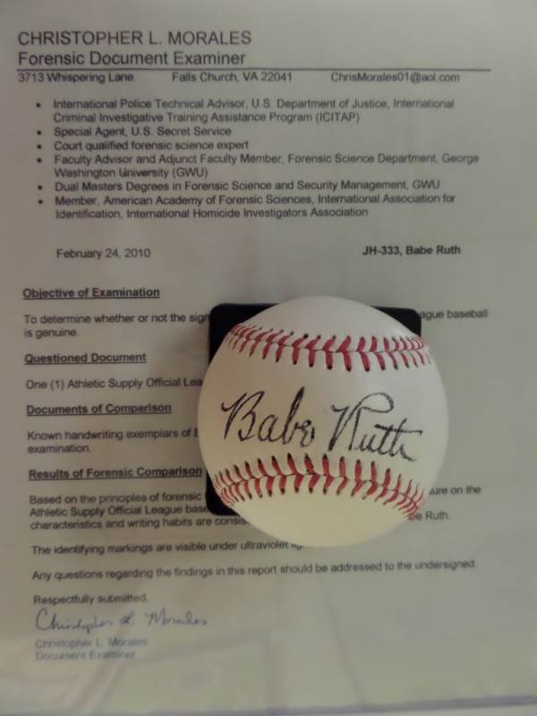 This vintage Athletic Supply Official League Baseball is cubed in EX overall condition, and comes hand-signed right across the sweet spot by the creme de la creme, Yankees all time great and #1 baseball ambassador, Babe Ruth.  The signature grades a legible 8, and the ball comes with a full LOA from court-qualified forensic science expert, Chris Morales.  Valued at TEN GRAND, but we'll start the bidding with a low, LOW entry bid!