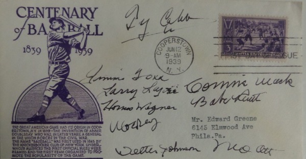 This June 12, 1939 stamped Centenary of Baseball 1839 1939 First Day of Issue cachet is hand-signed in black ink by EIGHT of the greatest ever to play/coach ... AND, as an added bonus, superspy catcher, Moe Berg!  Included are Babe Ruth, Ty Cobb, Jimmie Foxx, Larry Lajoie, Honus Wagner, Berg, Mel Ott, Walter Johnson and Connie Mack.  With all of these legends on one piece, and every last one of them long-deceased, retail has got to be upwards of ten grand!