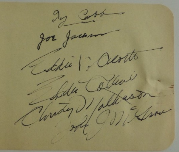 This pale yellow autograph album page has rounded edges on the right, measures about 4x4.5, and is in EX overall condition.  It is hand-signed in black ink by 6 all time greats, Hard to find a theme here--possibly the 1917 World Series--but present among the autographs are Joe Jackson, Eddie Collins, Eddie Cicotte, Christy Mathewson--who wasn't a member of the Giants, but still would have been there--John McGraw, and Ty Cobb, who also would have been there.  A truly RARE item, and, with so many greats, and Matty and McGraw LONG gone, retail is well into the thousands!