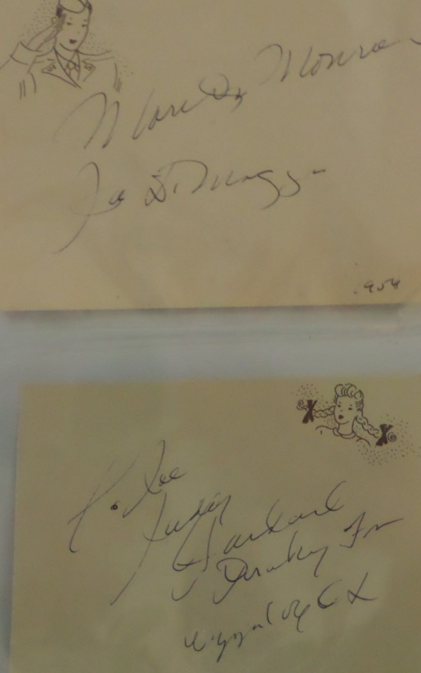 Get out your double sided frames, because here, we have a 4x5.5 album page cut, still in EX/MT condition, and hand-signed by a trio of 20th Century icons!  On one side are Joe DiMaggio and Marilyn Monroe in black ink, and on the other is Judy Garland, with a Dorothy from Wizard of Oz inscription.  With all three long gone, this MUST HAVE display item is valued into the low thousands!