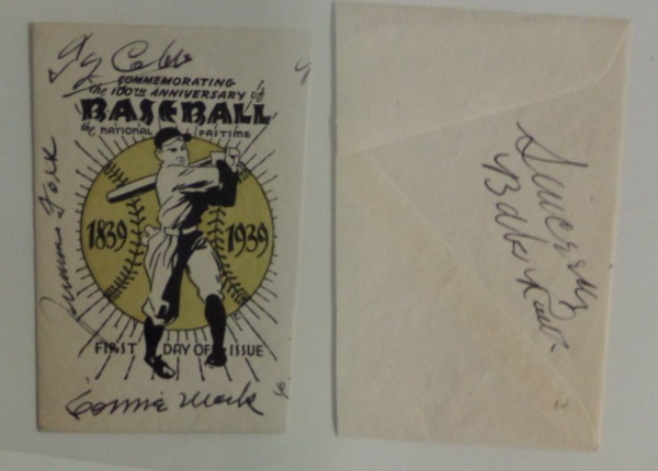 This piece measures about 2.5x3.5 and is a cut from an original 1939 FDC cachet.  It is in EX+ shape, comes hand-signed in black ink by Babe Ruth on one side, and by Ty Cobb, Connie Mack and Jimmie Foxx on the other!  Awesome piece, with a quartet of all time greats, and ideal for a 2 sided frame!