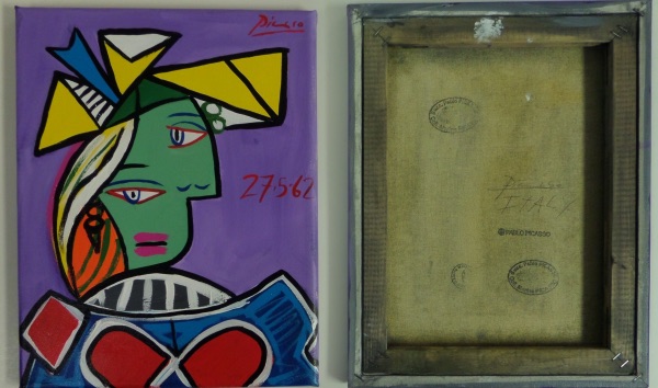 This piece measures 16"x20" after framing the canvas on wood.  It is an original oil on canvas and done in bolder & bright colors mainly!  Last name signed at the top right in black from 1962 and typical Picasso imagery of a surreal woman from this long-deceased master.  The reverse contains numerous Gallery stamps and markings including the Picasso museum and retails well into the 6 figures.  Wow.