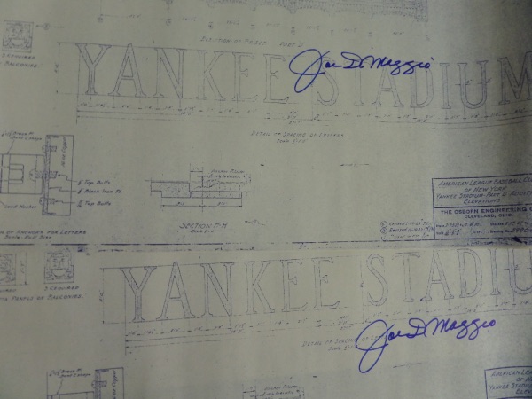 These huge full sized 2x3 foot gems are in perfect condition, and shows the many building faces and facades of the old Bronx Stadium. They are from the 1929 original construction,  super copies from the original engineers and architects, and come IN PERSON, hand signed by THE Joe DiMaggio. Grade is a fabulous 10 all over, and value at sell out in 1990 was $699.00.. EACH!!