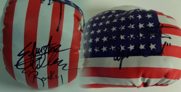 This mint USA flag 14 ounce lace-up glove comes signed by the 2 stars of this all-time classic flick. Both have signed wonderfully in black with Carl including "Apollo Creed" and Stallone "Rocky" Retail was in the mid hundreds and now rising with the recent passing of Carl Weathers.  Hologrammed and guaranteed authentic. 