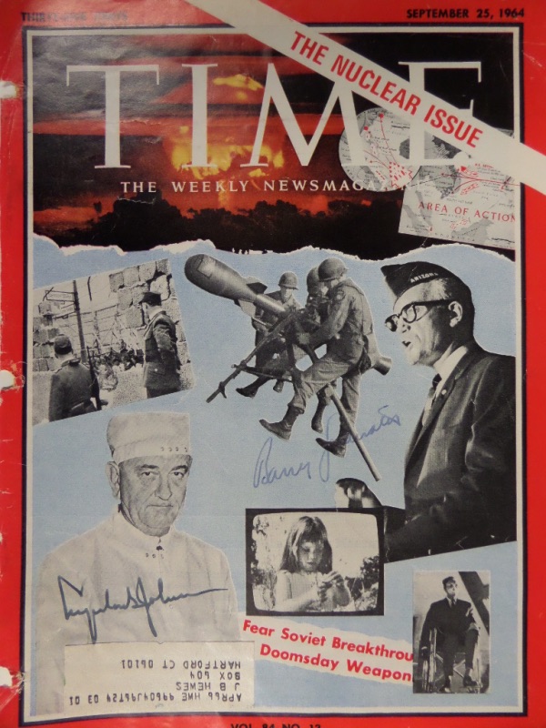 This color cover was removed from an original September 25, 1964 issue of TIME magazine, with several different images of then-current events on the cover.  It is hand-signed by BOTH men who would face off against each other in that year's Presidential election, Barry Goldwater and Lyndon Baines Johnson, and this piece was obtained through the mail--twice, apparently--by longtime political collector, Jack Hewes.  Valued into the low thousands!