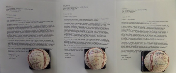 This star studded IN PERSON obtained NYY must have is an Official Lee MacPhail AL ball, comes black ink signed by the whole team, and grades an honest 8 or so now overall. It was obtained by the then Cleve. Indians bat boy Ted Telapak who gives his full signed LOA detailing obtain9ing the ball. Of course Reggie and Thurman are here, as are many more AL all-stars and fan faves. Great chance,. and value is thousands!