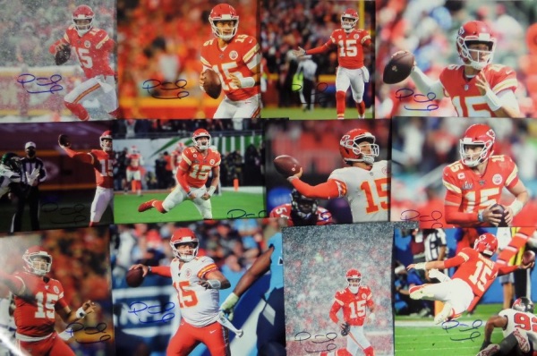 This high value grouping is TWELVE different full color 8x10 photos of Patrick Mahomes with the Kansas City Chiefs.  Each photo is personally-penned by the MVP, Super Bowl Champ and All Pro passer himself, and the total retail value of such a large lot is well into the thousands!