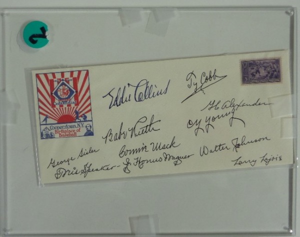 This super rare, super cool 1939 envelope comes dated and stamped from the 1st ever HOF Induction...and comes hand signed by all 11 original Inductees. It grades a strong clean 10 all over, has autographs from Babe Ruth, Ty Cobb, Walter Johnson, Honus Wagner, Tris Speaker, Eddie Collins, Cy Young and more...Terrific buy and hold HOF investment, and value is thousands in cuts alone. 