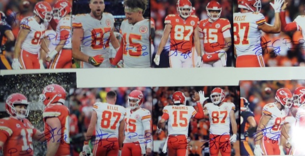 An ideal lot for sellers and buyers alike, this Chiefs lot is TEN full color 8x10 photos, each featuring NFL superstars Patrick Mahomes and Travis Kelce.  Each is hand-signed by both in blue/black sharpie, and each can retail well into the hundreds by itself, so get in on our insanely low minimum bid!!!