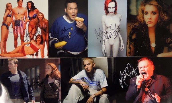 This high value grouping is TWENTY-FIVE celeb 8x10's, and each is autographed by the superstar(s) shown.  included are names like Eminem, Jack Nicholson, Jason Biggs/Shannon Elizabeth, Jon Bernthal, Adam Levine, Norm MacDonald (dec), Marilyn Manson, Pam Anderson, Wil Ferrell, Anna Pacquin, Cameron Diaz, Stevie Nicks, Meat Loaf (dec), Jason Statham, Jake Gyllenhaal, Peter Gabriel, Uma Thurman and more.  Sky high retail potential here!