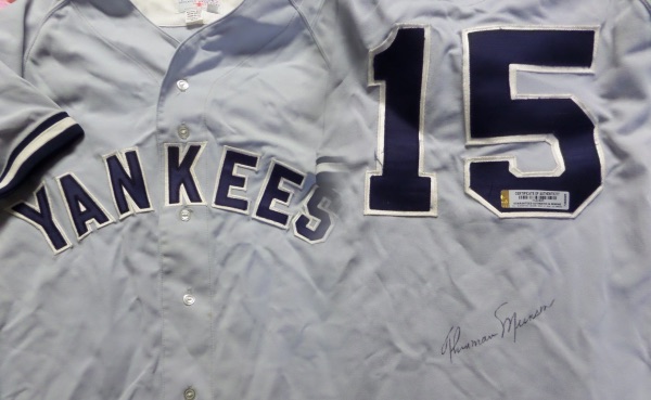 This 1973 era "Yankees" jersey is as close to a gamer as you can get. High quality sewn on everything, #15 on the back, then hand signed by the long gone Yankee all-star catcher, Captain and fan favorite. It has a lifetime seal for authenticity intact, and value is ?  