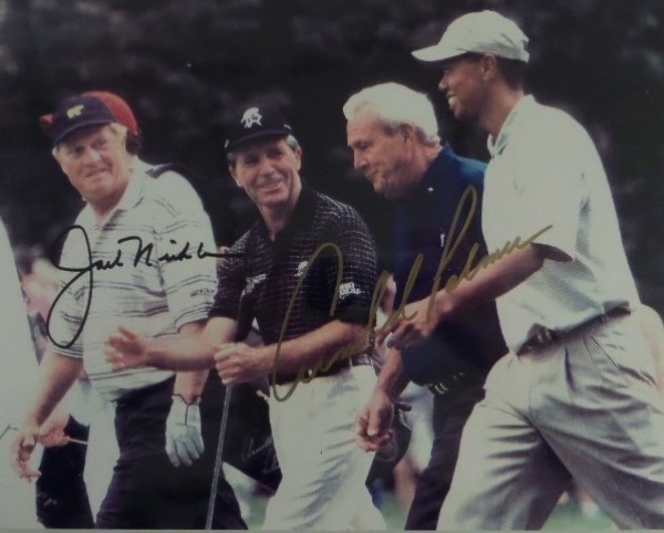 This full color 8x10 photo shows four all time greats walking a course in the late '90's to early 2000's.  It is hand-signed by two of them, including Jack Nicklaus in black sharpie, and Arnold Palmer in gold, and comes with a COA from Collector Dreams for authenticity purposes.  Valued into the mid/high hundreds!