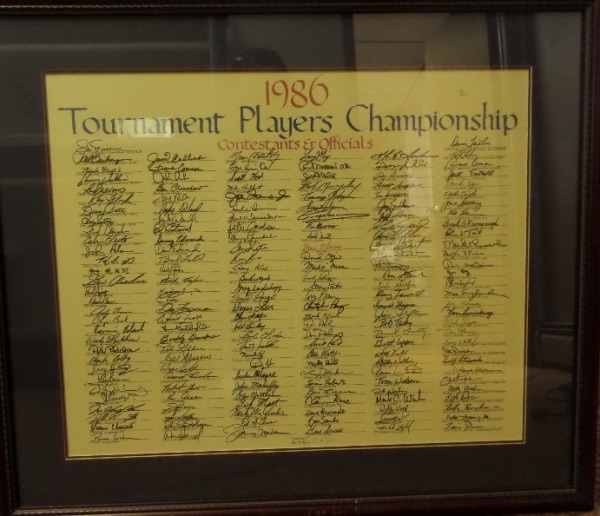 This STUNNING wood-framed display is numbered 170/1000 and signed at the bottom in pencil by then-Sawgrass clubhouse manager, Tim Davis, who ran a sealed, signed and numbered limited edition of 1000.  This one is framed and features facsimiles of 176 PGA pro signatures, including all time greats like Nicklaus, Palmer, Zoeller, Watson, Mize, Wadkins, Floyd, Sutton, Stewart, Crenshaw, O'Meara, and so many more.  Please see our attached photo.  This baby is an absolute MUST for any pro shop or clubhouse in the world!  It's big, so extra shipping will apply, but man is it worth it!