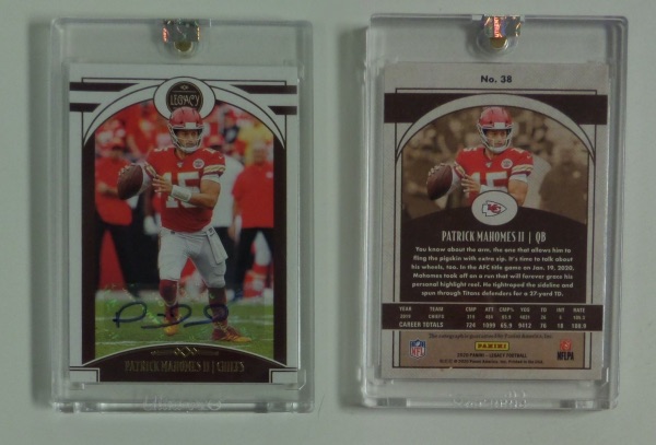 This 2020 Panini Legacy No. 38 Patrick Mahomes football card is slabbed in NM condition, with strong edges and corners, and nearly pristine centering.  Oh yeah, and it's autographed in blue sharpie by Patrick Mahomes and is certified right on the back of the card--please see our attached photo!  A very difficult to acquire football card, and retail is high hundreds!