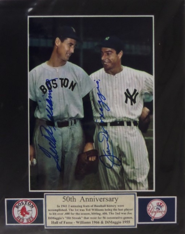 This custom-matted 8x10 display features a small write-up, NYY and Boston Red Sox team logos, and a color photo of Williams and DiMaggio that is blue sharpie-signed ... by Williams and DiMaggio!  Awesome piece, ready for framing and display, and, with both signatures present, retail is high hundreds, to be certain!