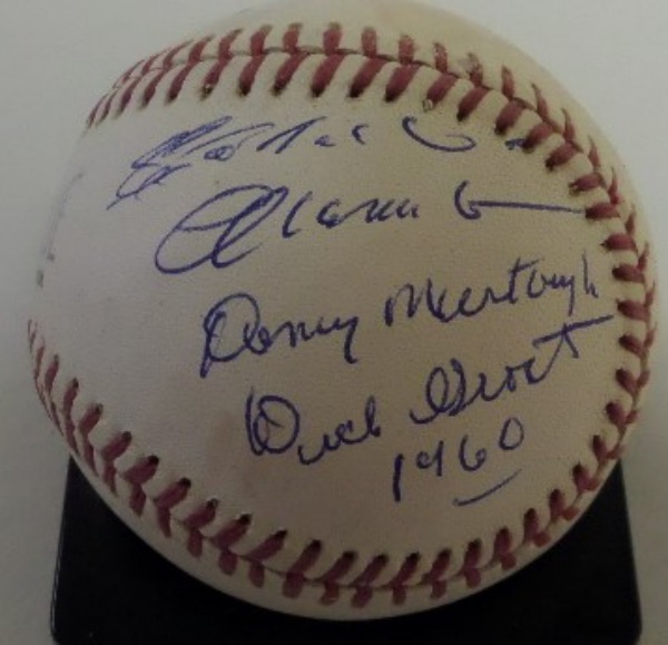 This Official League Baseball from Worth is still in VG+ shape, and comes hand-signed in blue ink by a trio of Pirates, all of whom were instrumental to their 1960 World Series championship!  Included are Roberto Clemente, Manager Danny Murtaugh, and NL MVP, Dick Groat, and all three signatures are on the same panel!  AWESOME piece of MLB history, and, with all three man long gone, valued well into the low thousands!