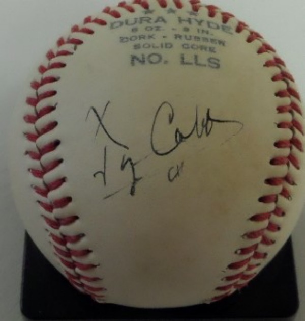 This very old Little League baseball from Worth is still in VG/VG+ shape, and comes hand-signed in black ink on a side panel by all time batting champion, Ty Cobb.  The signature grades a legible 6.5-7 overall, and, with Cobb's death now 63 years ago, retail is well into the thousands, with a low, LOW, SUPER DUPER LOW minimum bid evident!!!