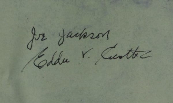 This roughly 4x4.5 light green autograph book page is still in EX shape, with some ink smudges, and comes hand-signed in black by the two "Eight Men Out" Black Sox members that would have made it to Cooperstown if not for the lifetime ban.  Included are ace hurler Eddie Cicotte and lifetime .356 hitter, Joe Jackson, and this piece will make for a wonderful addition to any historic MLB collection.  Valued into the low thousands!