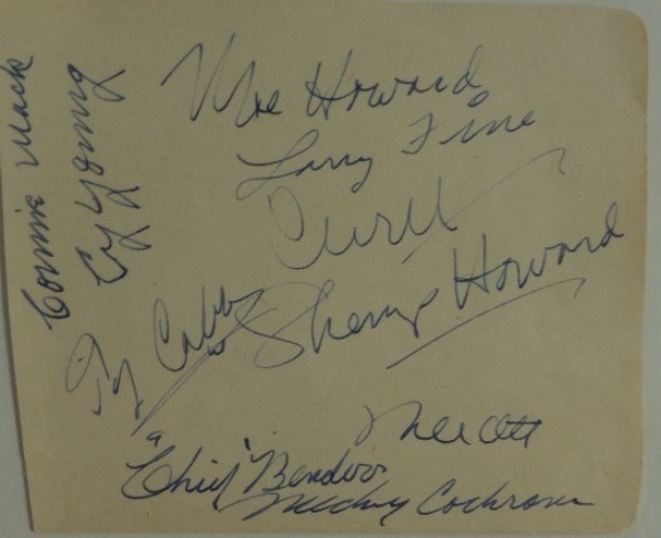 This roughly 4x5 piece of paper is cut on the left, with rounded edges on the right, and is in EX+ overall condition.  It is hand-signed in blue ink by 10 people, including all FOUR of "The Three Stooges," w/ Shemp, Moe, Curly and Larry, as well as MLB legends Ty Cobb, Cy Young, Connie Mack, Chief Bender, Mickey Cochrane and Mel Ott.  All ten of these men are long gone, and just try to find all of these autographs in one place!