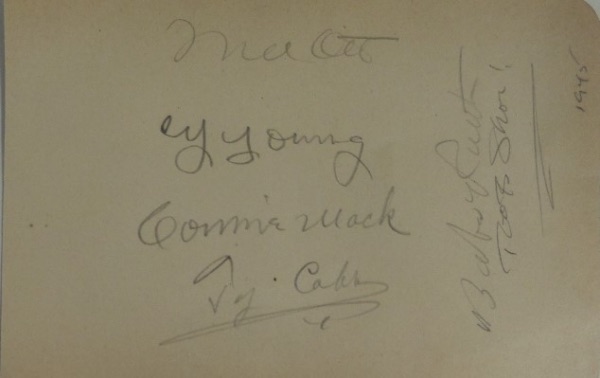 This large 4.75x6.75 piece of paper looks to have been removed from an original collector's album, and is in EX shape overall, with rounded edges on the right hand side.  It is pencil-signed by a quintet of all time greats, including Babe Ruth, Connie Mack, Cy Young, Ty Cobb and Mel Ott, complete with 1945 and Toots Shor inscriptions, so, it's probably a safe bet to assume that this page was signed at the famed NYC Restaurant.  Valued well into the thousands!