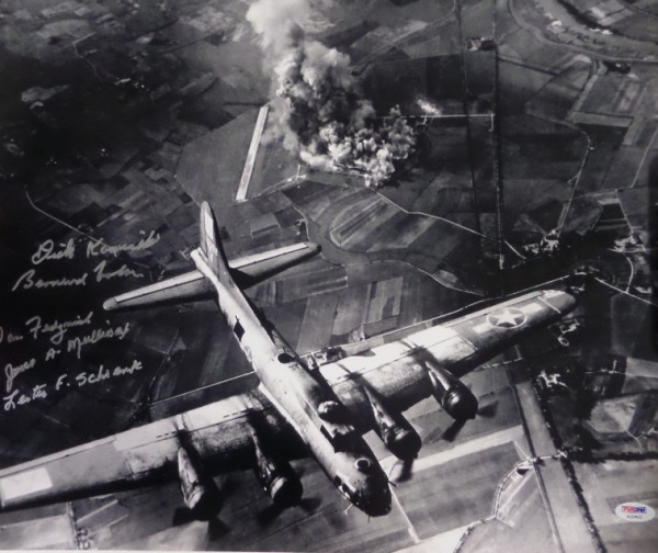 This giant war time image is a B&W beauty, large at 16x20 in size, and comes hand signed by 5 Ace Pilots in perfect silver paint pen. It is a gem, shows off EZ from 25 feet away, and has a full PSA/DNA letter for certainty. Signers are: Nolan, Mullinax, Fedynich, Schrenk and Kaminski. 