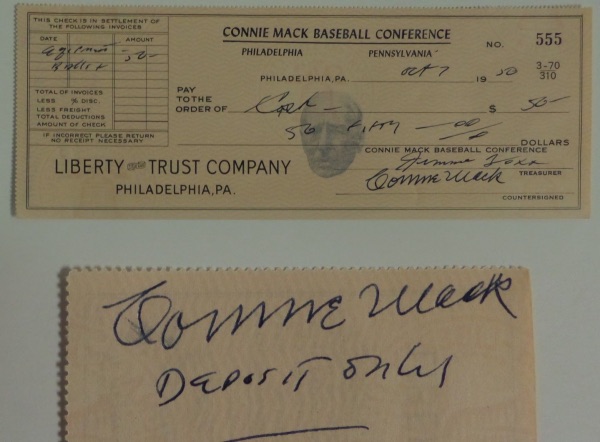 This Connie Mack Baseball Conference, Philadelphia Pennsylvania full check from the Liberty Trust Company is in NM condition, and is signed in blue at the bottom by both Connie Mack and Jimmie Foxx in blue ink, as well as by Mack on the reverse, with Deposit Only added.  With both men now gone 60+ years, retail is well into the thousands!